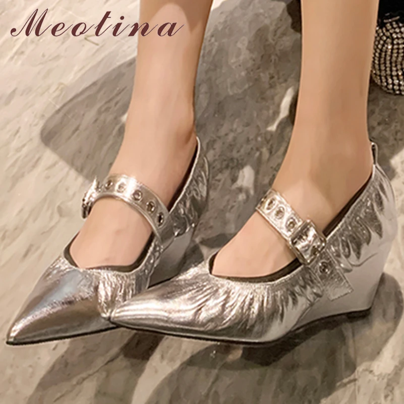 

Meotina Women Genuine Leather Mary Janes Pumps Pointed Toe Wedge High Heel Pleated Buckle Lady Fashion Glove Shoes Spring Autumn