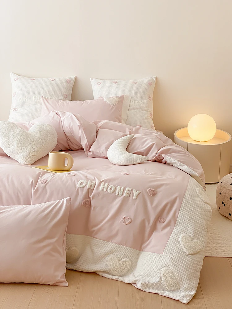 Thiened Pure Cotton Waed Flannel Four-Piece Bedding Set Princ Sle Duvet Cover Bed eet Bedding Accories Heart-...
