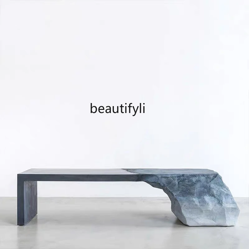 Wabi Sand Wind Carbonized Black Long Table Designer Glacier Rock Bench Creative Art Hotel