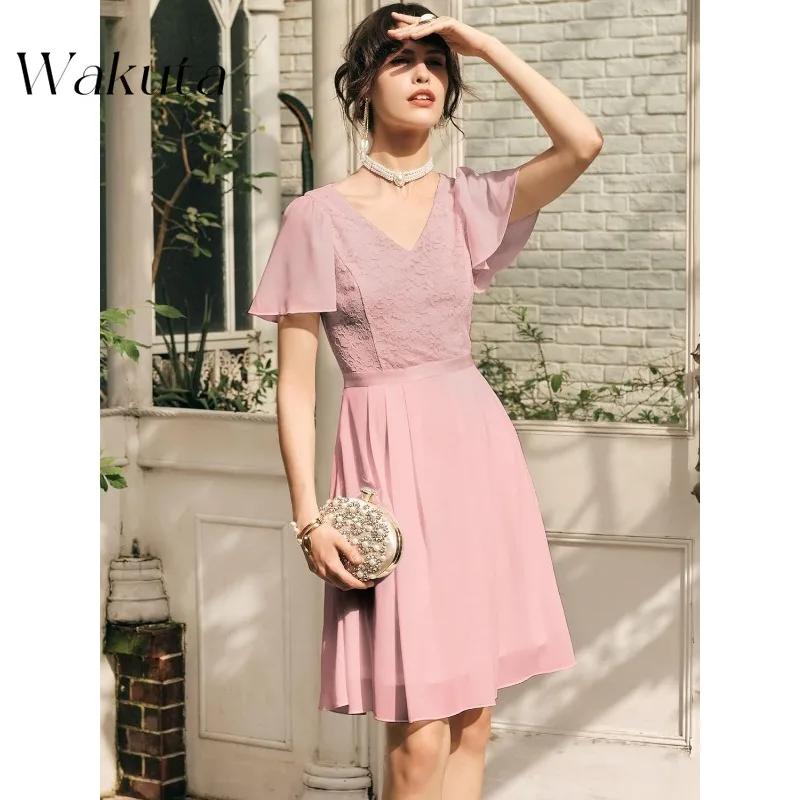 Wakuta French Classic V-Neck Ruffled Sleeve Cocktail Dress Vintage Waist Slimming Birthday Dresses A-Line Vestidos De Graduación