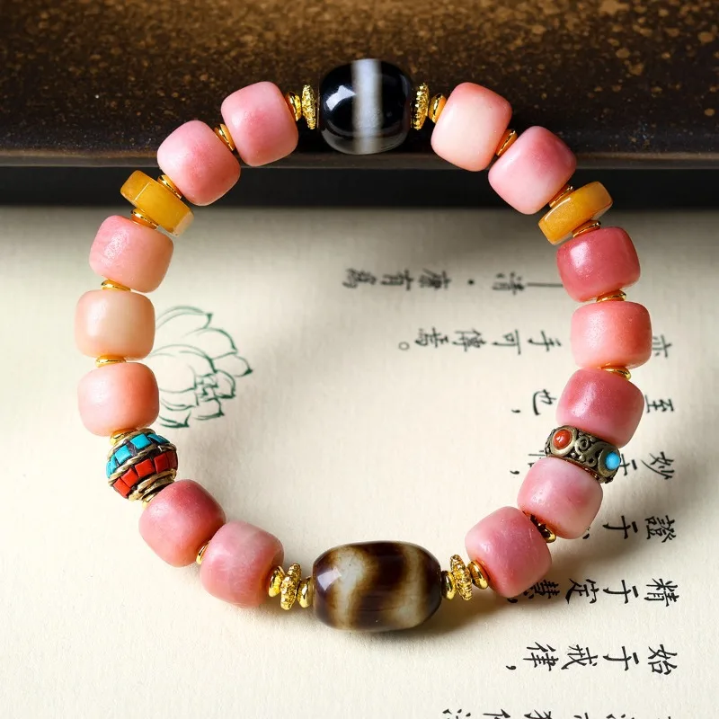 OriginalTibetan MultiGem Beaded Bracelet Dzi Bead Vase Motif, Old Agate Melon Beads Six‑Syllable Mantra Spiritual Wrist Ornament