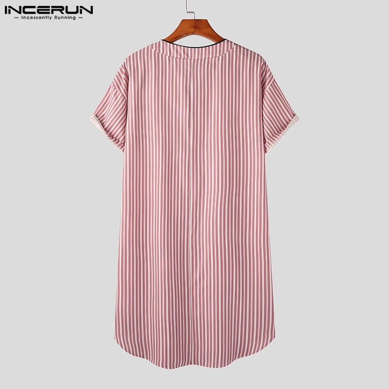 INCERUN Men Striped Sleep Robes Nightgown Short Sleeve V Neck Cotton Homewear 2020 Breathable Men Dressing Gown Cozy Bathrobes