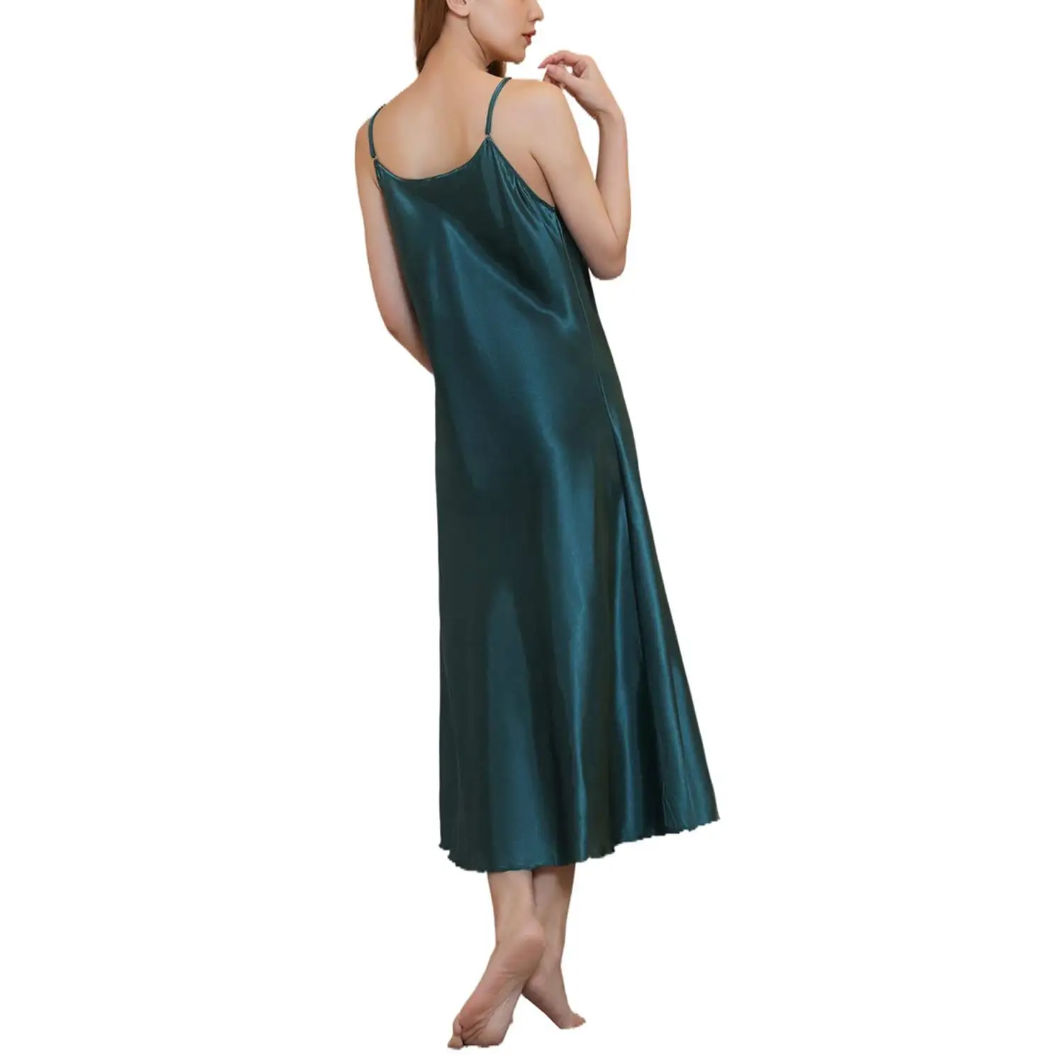 Women\'s Satin Nightgown Long Slip Sleep Dress Silk V Neck Sleepwear Solid Color Nightwear