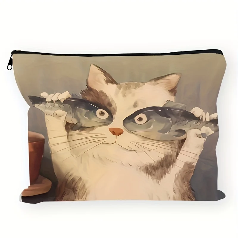 1 Piece of Fun Cat and Fish Makeup Bag - Multifunctional Zipper Pouch for Women, Perfect Travel Zipper Storage Bag, Fun Birthday Gift