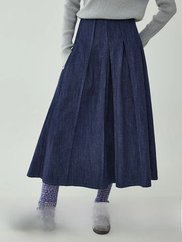 

AMUU North Island Retro Blue Denim Midi Pleated Skirt Women's Spring New High Waist Wide Skirt Casual Sle Cotton Blend