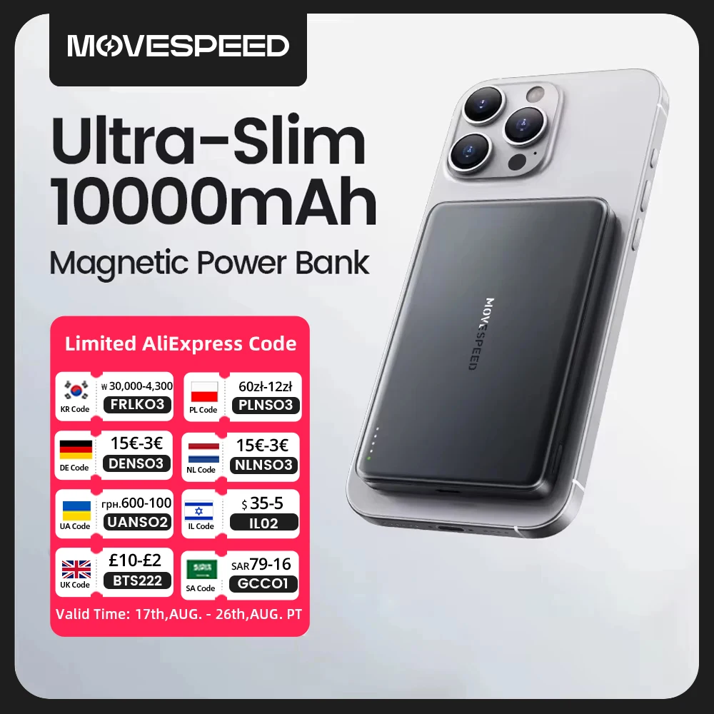 MOVESPEED S10 Slim Magnetic Power Bank 10000 mAh PD20W Tragbares Ladegerät Drahtloser externer Akku für iPhone 16 Samsung Powerbank