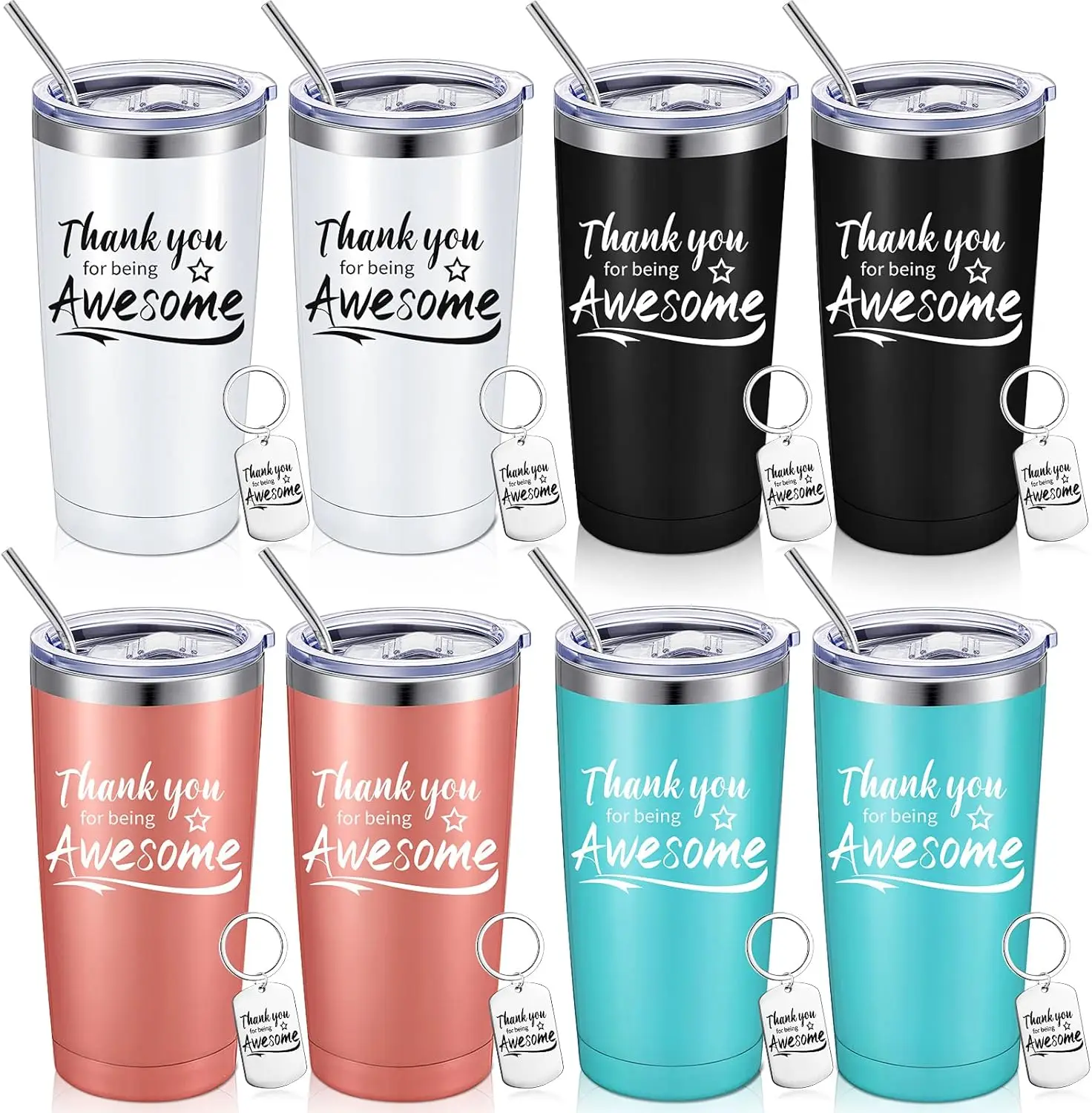 

16-Piece Thank You Tumbler Set with Keychains, 20oz Insulated Stainless Steel Travel Mug for Appreciation Gifts