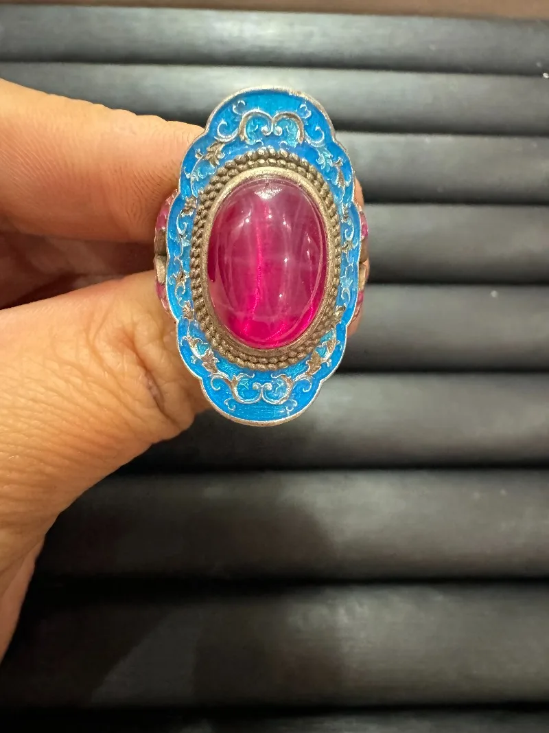 

Tibetan Silver Cloisonne Ring, Inlaid Star Ruby, Retro Ethnic Style, Adjustable Open Band, Unisex Vintage Finger Jewelry