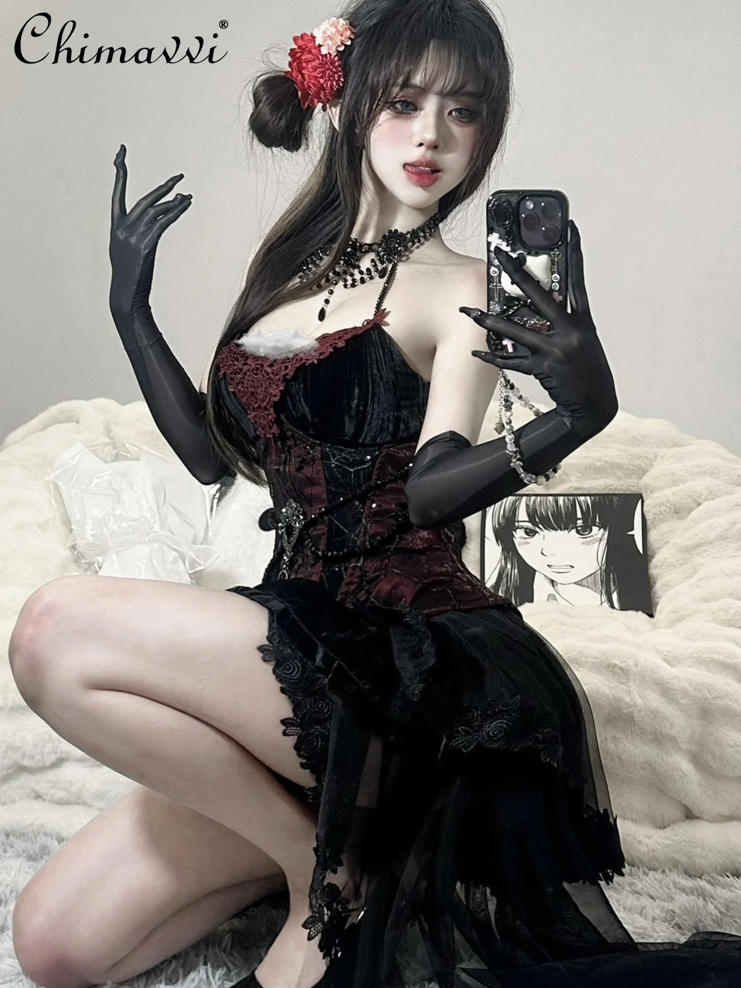 Gothic Style Dark Girl Velvet Fishbone Girdle Neck Sling Tanks Top High-waist Slim-fit Tail Skirt Ladies Cos Duchess Outfits