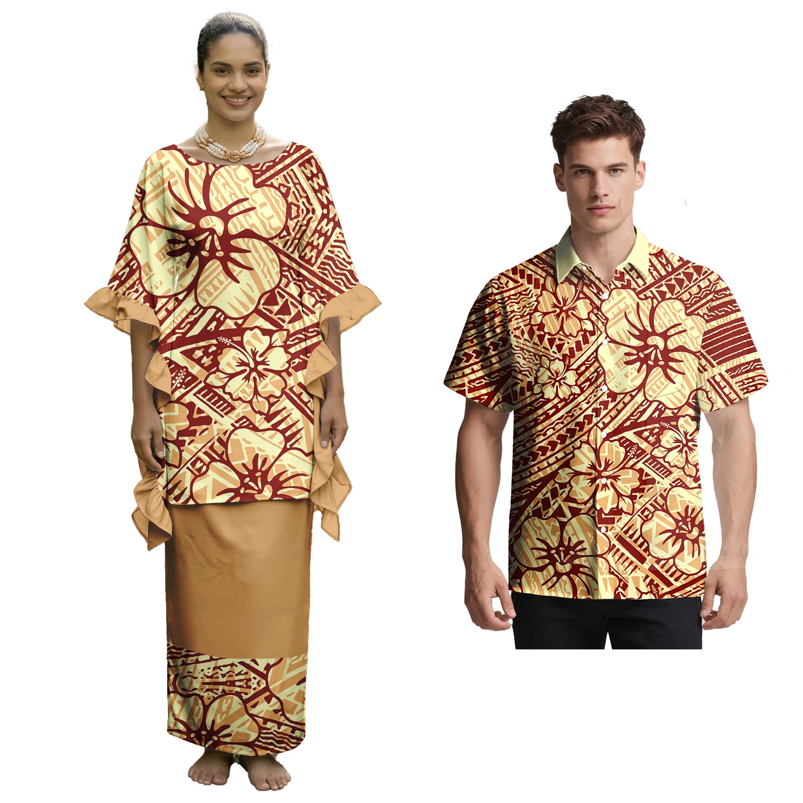 Unisex Clothes Custom Hawaii Men Shirts Polynesian Ruffled Sleeve Women Puletasi 2pc Set Samoan Tribal Style Church Couple Suit