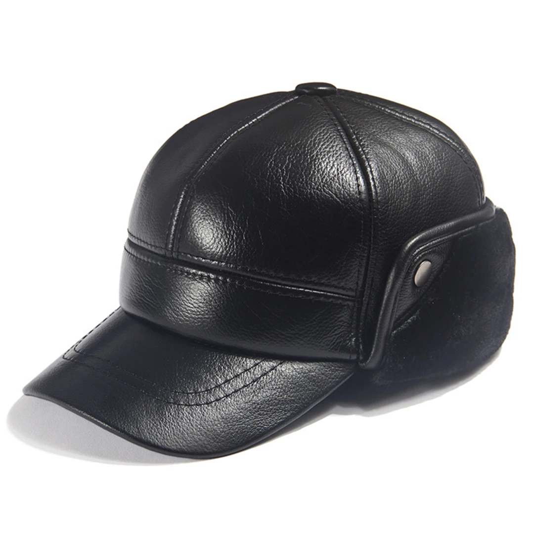 

Men's 100% Genuine Leather Bomber Hat Winter Warm Earmuffs Thick Cowhide Baseball Caps Dad Hat Ear Protection Outdoor