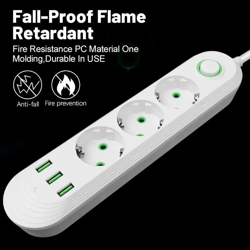 الاتحاد الأوروبي التوصيل مخرج تيار متردد 2500 واط متعدد المنافذ قطاع الطاقة مع 3 منفذ USB 2 متر تمديد كابل جولة دبوس مخرج تيار متردد مهايئ شاحن كهربائي #6