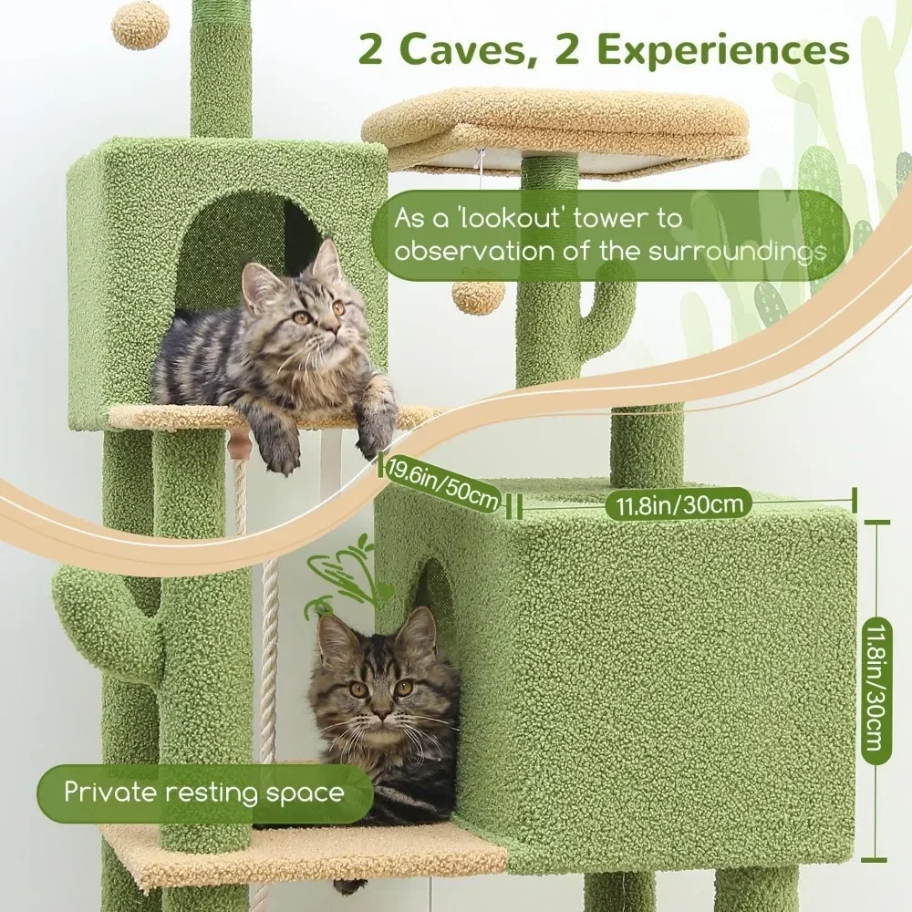 Cactus Cat Tree Tower - 76-Inch Extra Tall Multi-Level Cat Furniture with Cozy Condos, Interactive Toys, and Perches for Large C