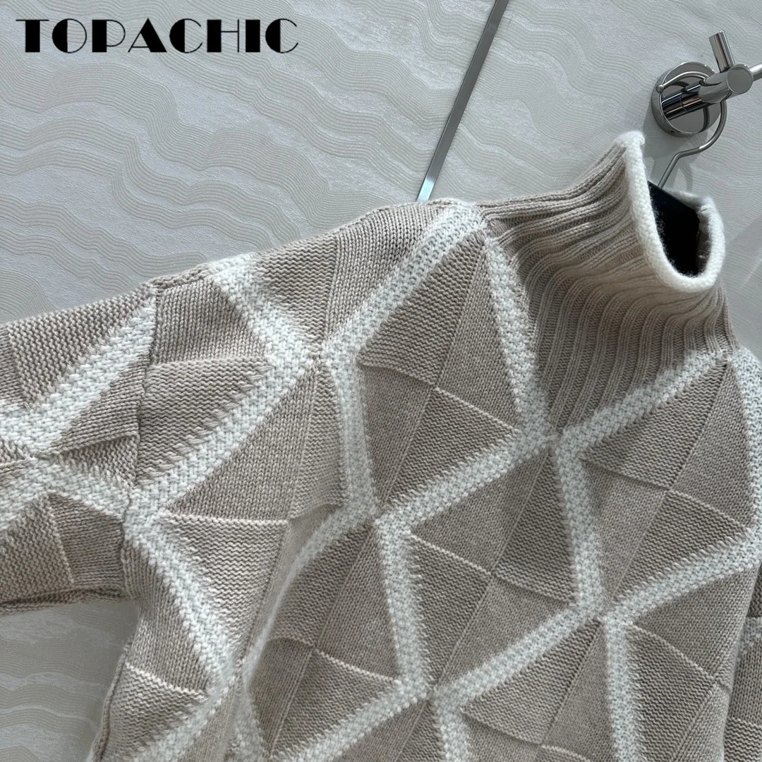 7.23 TOPACHIC Classic Contrast Color Argyle Plaid Jacquard Weave Pullover Jumpers Turtleneck 100% Cashmere Knit Sweater