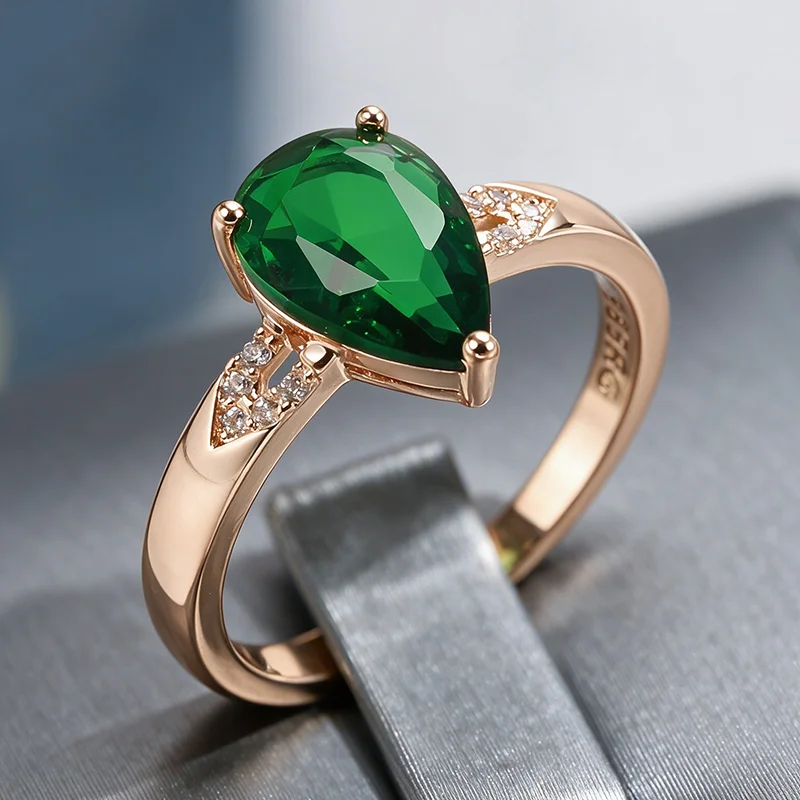 Wbmqda Einzigartiger Grüner Wassertropfen-Steinring für Frauen 585 Roségoldfarben Mode Hochzeitsaccessoires Schmuck