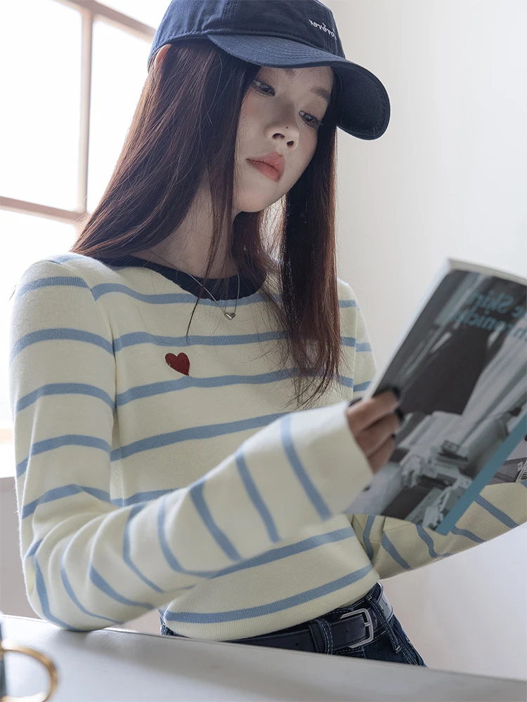

Ladies' Slim Fit Striped Knitwear Long Sleeve Casual Style Early Autumn Spring Korean Style Base Shirt Winter Warm Top