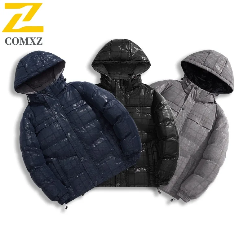 

COMXZ 2025 Mens Winter Shiny Thick Puffer Jacket American style waterproof windproof Detachable Hood lightweight windbreaker
