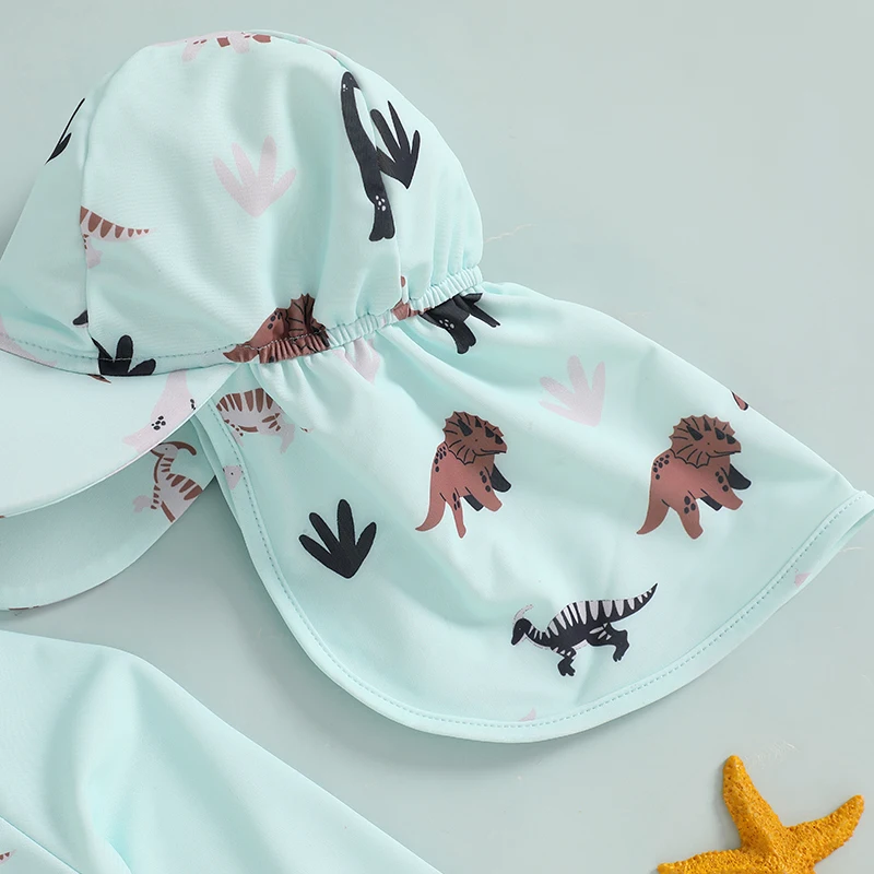 

Toddler Boy Rash Guard Swimsuit with Hat Cartoon Dinosaur Pattern Zip Up Long Sleeve Crew Neck Baby Boy Swimwears 2 Pieces Sets