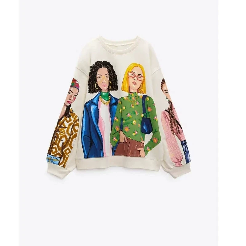Trendy Print Hoodie Women Autumn Winter New Fashion Casual Long Sleeve O Neck Lady Commuting Pullover Sweatshirt Streetwear New