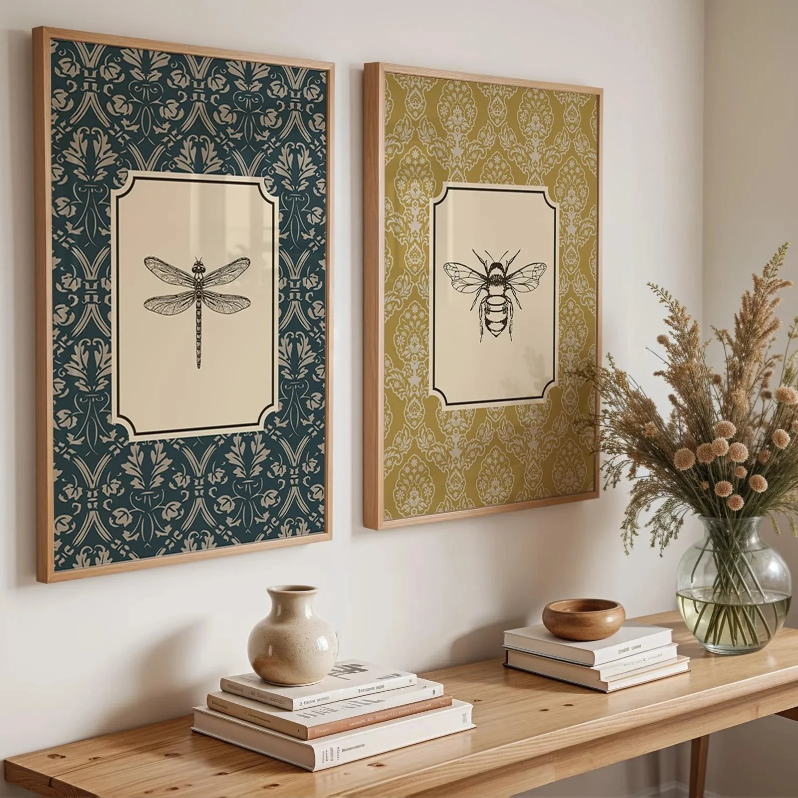 1/2 Stück Retro Libellen- und Bienen-Insekt-Leinwanddruck, Niedlicher Kolibri-Tiermotiv, Bauernhaus-Wandkunst-Poster für Moderne Heimdekoration