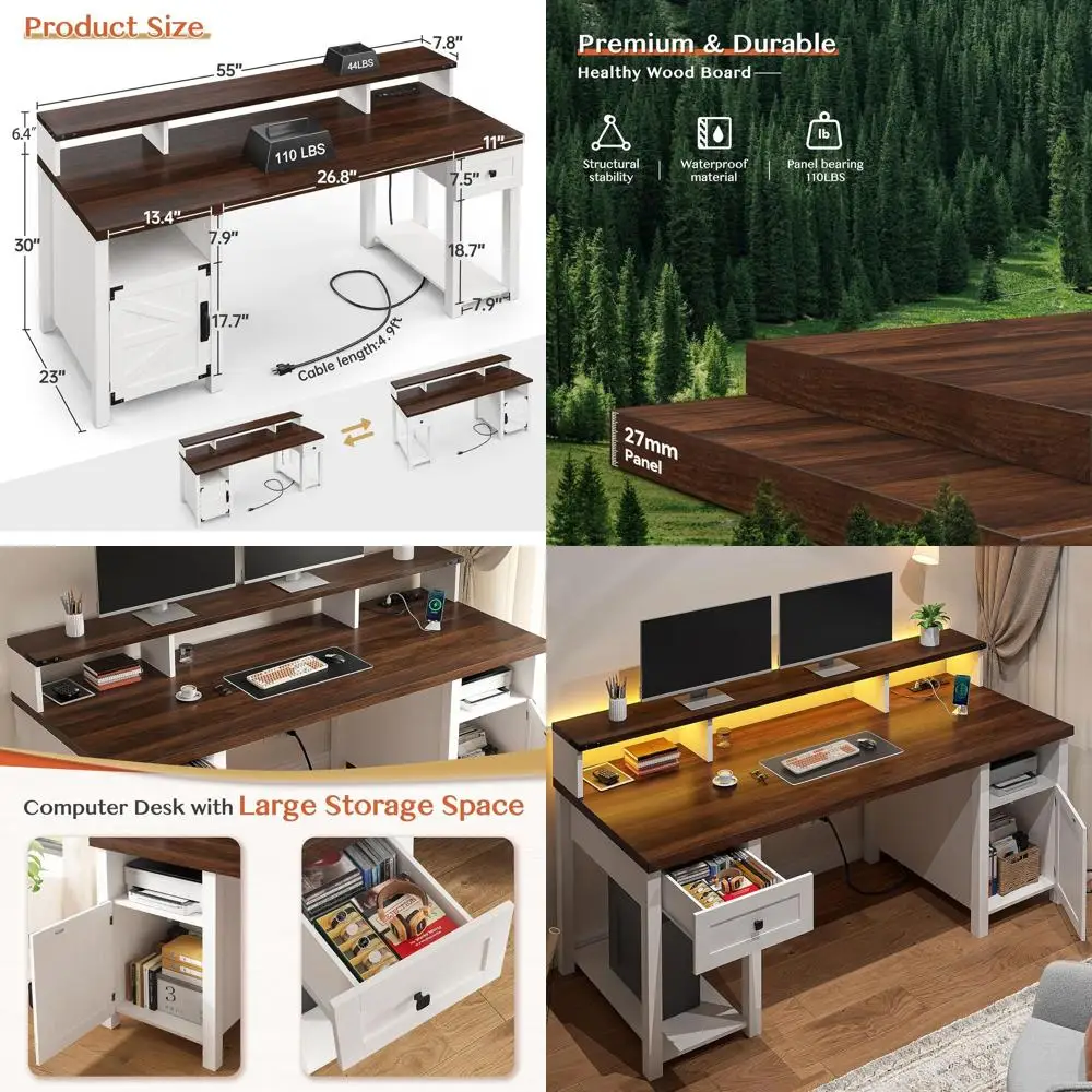 

White Wooden Desk with Storage, Monitor Stand, Printer Space, and Power Outlets for Home Office, Study, and Gaming