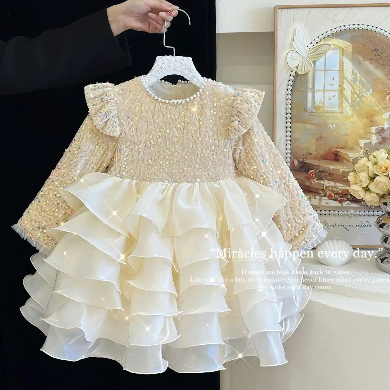 Girls' dress Spring and Autumn new style children's high-end sequined princess dress light luxury birthday dress