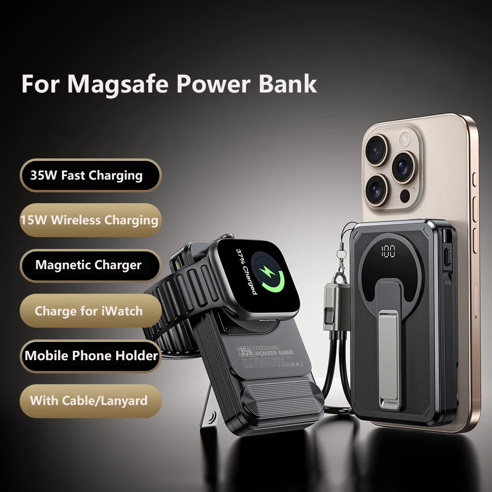 

Магнитный внешний аккумулятор 35 Вт, 10000 мАч, 15 Вт, беспроводное быстрое зарядное устройство, портативное внешнее запасное зарядное устройство для iPhone 17 16 с кабелем