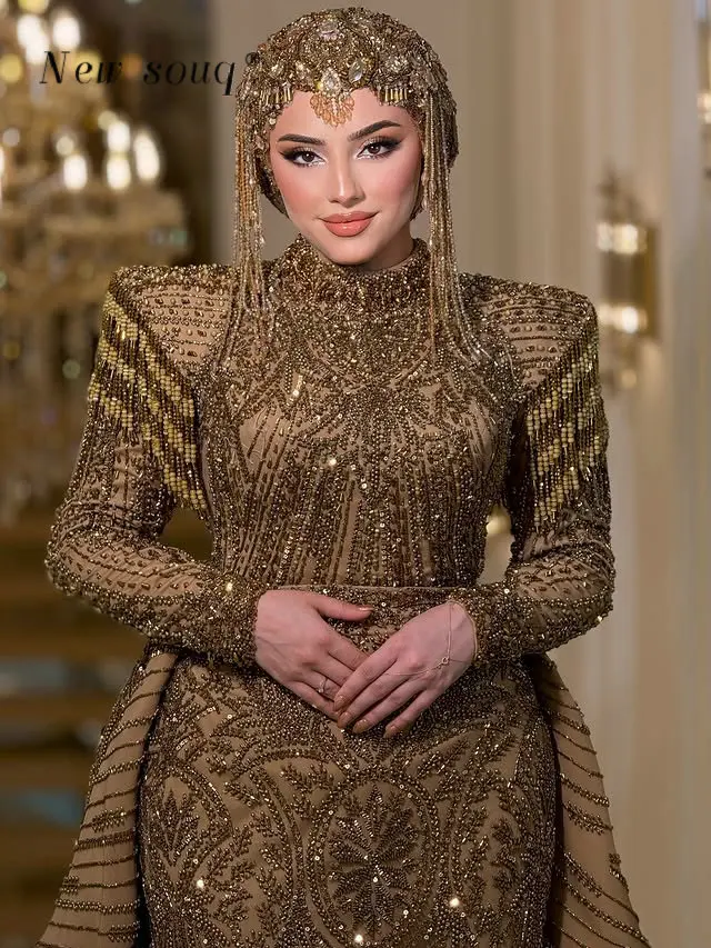 فساتين سهرة أنيقة بنية مكونة من قطعتين حورية البحر دبي رسمية إسلامية بأكمام طويلة للنساء رداء حفلات الزفاف مخصص 2025