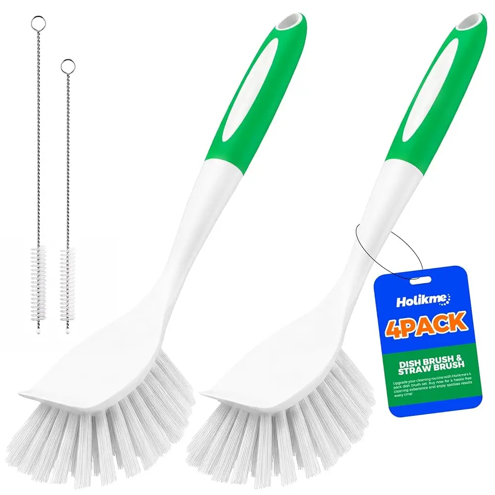 4 Pack Dish Brush with Handle Set - 2 Pack Kitchen Dish Brush with Handle, 2 Straw Brushes, Deep Cleaning Dish Brush for Kit