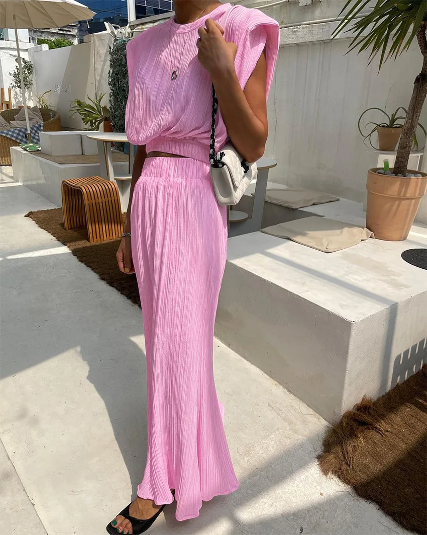 Women Street Two Piece Set Pleated Elegant Skirt Sets O-Neck Shoulder Pads Tank Top Summer Outfit Elastic Waist Long Skirt Set