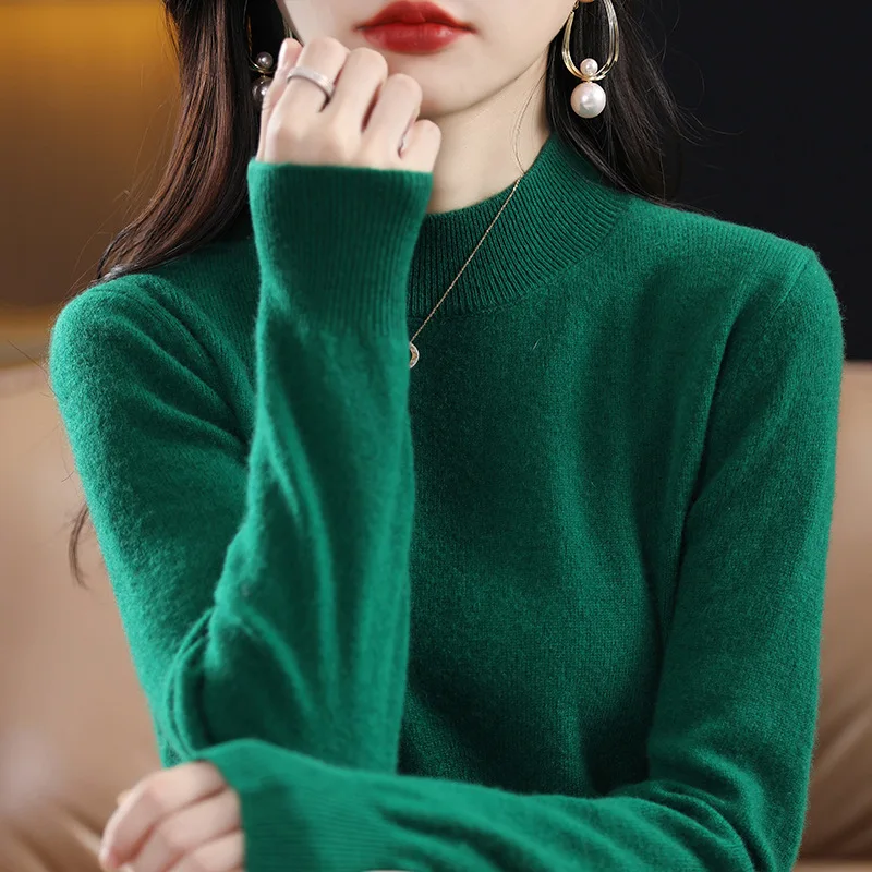 New autumn winter wool new solid color western-style knitted sweater high-end long sleeved loose semi high neck sweater women pu