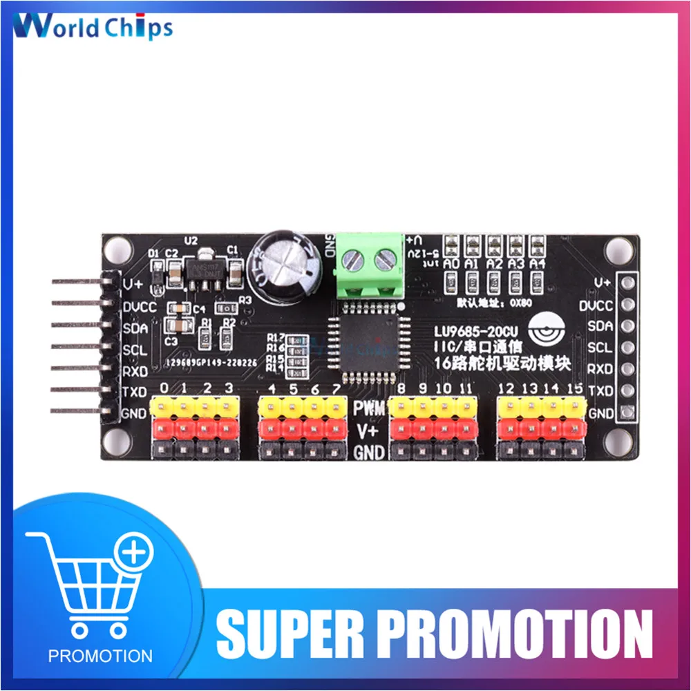 16 Channel 12-bit PWM Servo Motor Driver DC 5-10V LU9685 Driver Board I2C Interface Serial Shield Board Module for Arduino