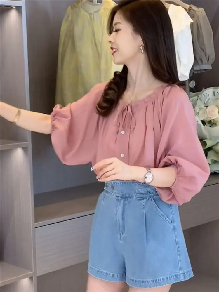 French Style Niche Seven Quarter Sleeve Chiffon Shirt for Women with a Stylish and Trendy Design Featuring Bubble Sleeves Top