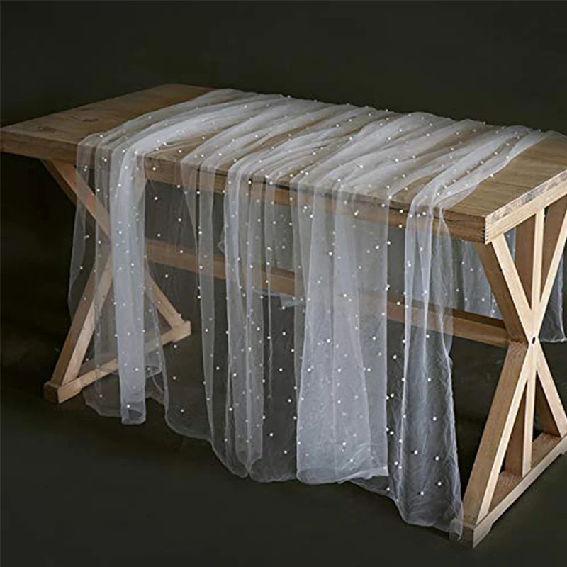 Wedding White Pearl Tulle Table Runner Wedding Arch Decoration for Bridal Shower Decor Soft Tulle Overlay Chiffon Lace Mesh