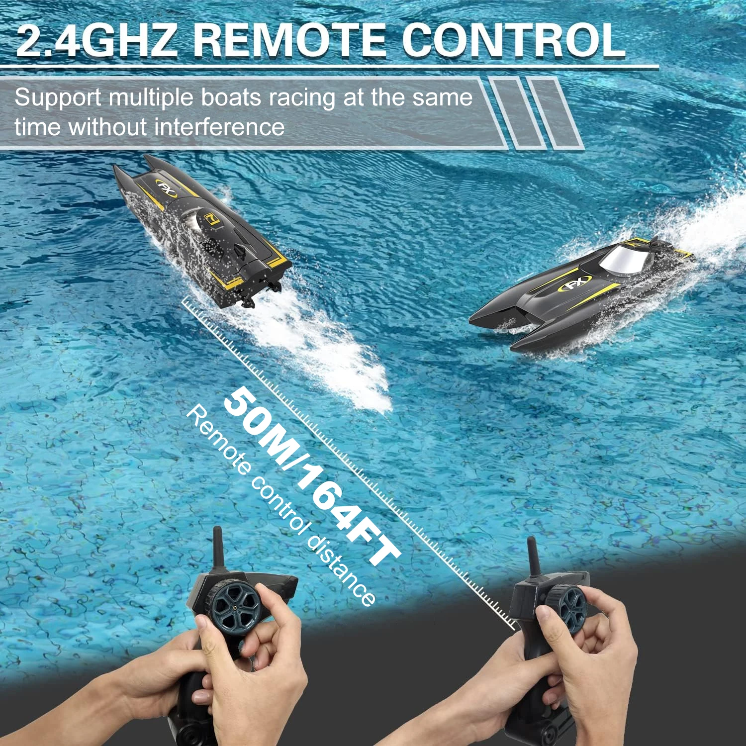 Dual electric high-speed remote control boat with a 24GHz radio controller, capable of speeds up to 16.21 mph (10 km/h)