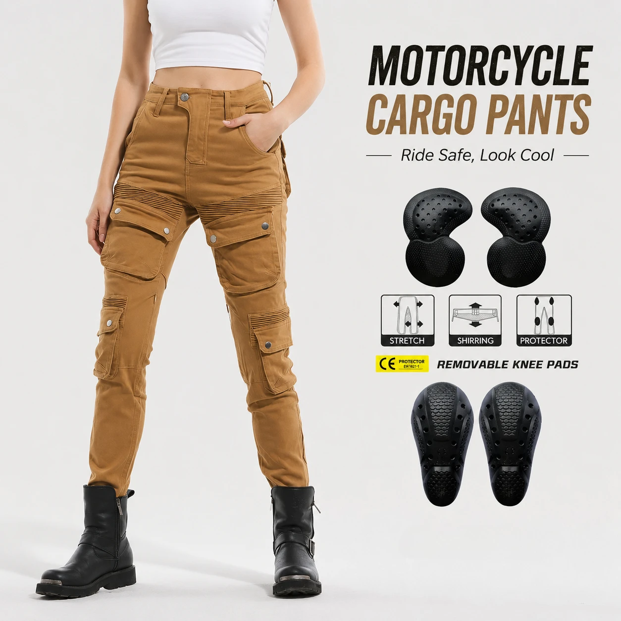 

Women Motorcycle Riding Cargo Pants Vintage Khaki Multi Pocket CE Protective Anti-Fall Moto Biker Trousers Streetwear