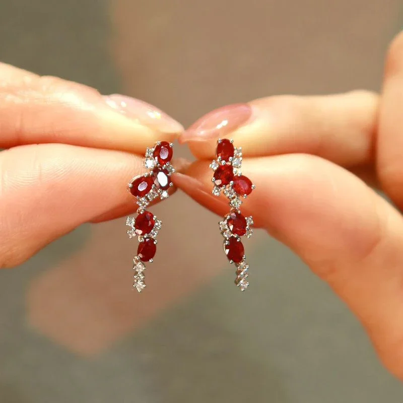 Inspired Multiples ruby tassels Long style stud earrings for women exquisite earings Light luxury engagement silver jewelry