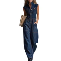Yeezzi Women's Sleeveless Denim Jumpsuits 2026 New Fashion Contrast Stitching High Waist Wide Leg Buttons Pockets Cargo Jumpsuit - Image 6