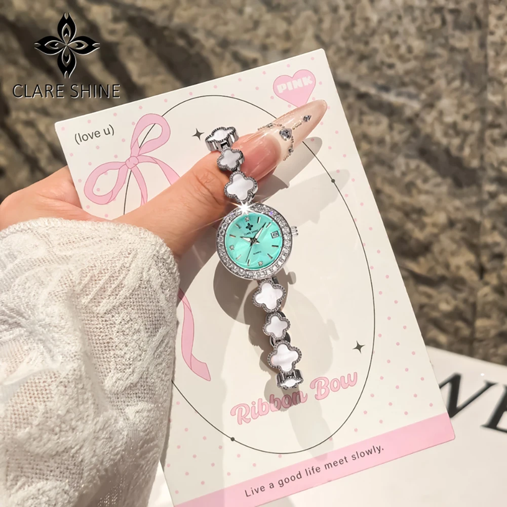 CLARE SHINE 7701 Lucky series small lucky four-leaf clover quartz women's watch with diamond bezel imported movement view 3
