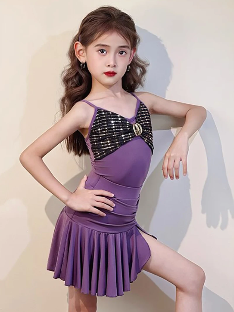 Combinaison de danse latine pour enfants filles, bretelles Spaghetti et jupe fendue plissée, vêtements de danse, Costumes de compétition d'entraînement en salle de bal