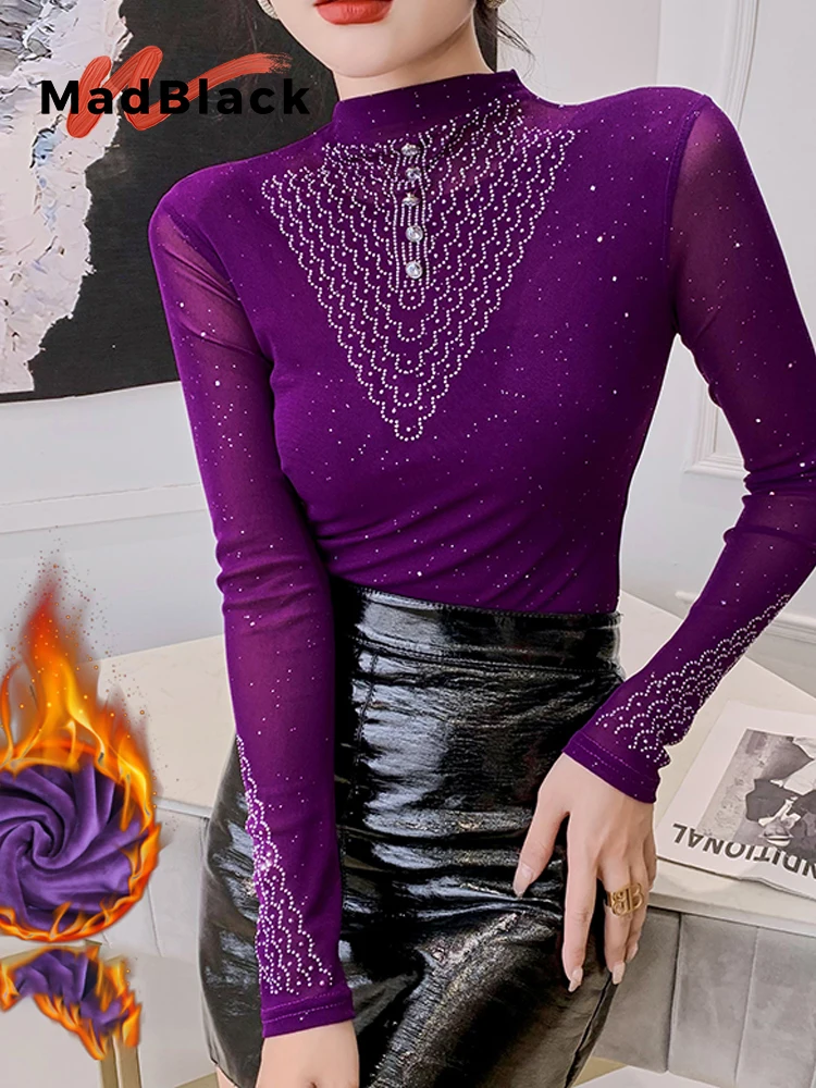 

MadBlack-Women's European Fleece T-Shirt, Sexy Mock Neck Diamond, Streetwear Long Sleeve Slim M-3XL Tee, 2025 Autumn T5N107CC