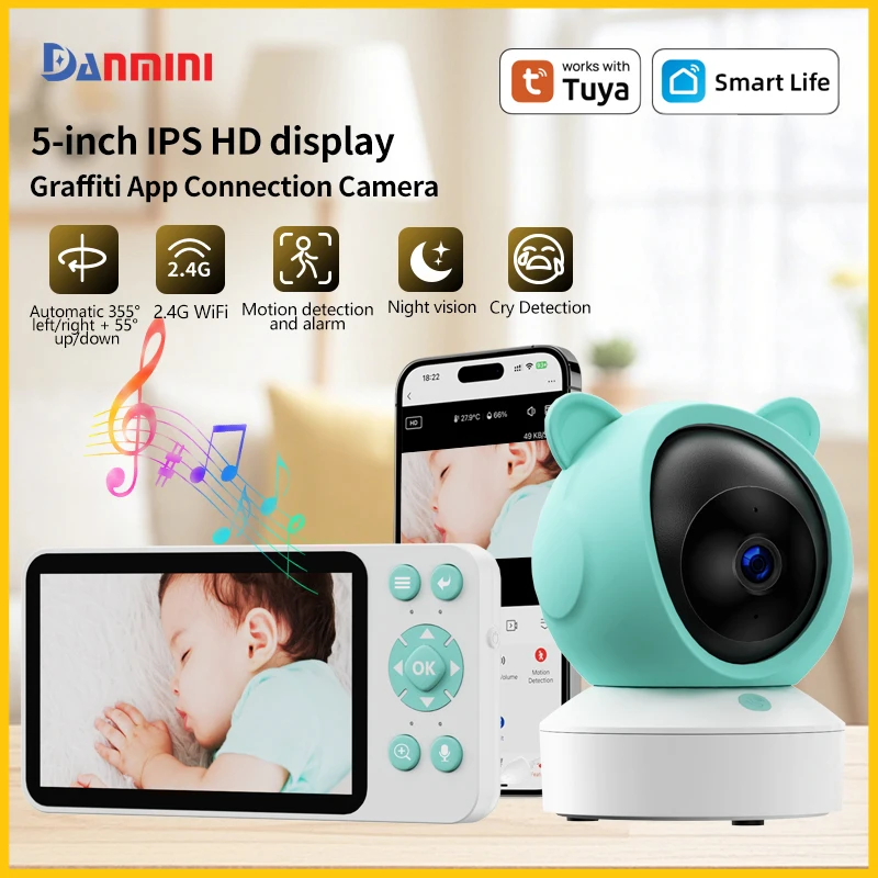 

DANMINI Радионяня 5-дюймовый IPS HD-дисплей 2K WiFi Tuya Умная детская камера Удаленное управление мобильным приложением Поворотная карданная камера