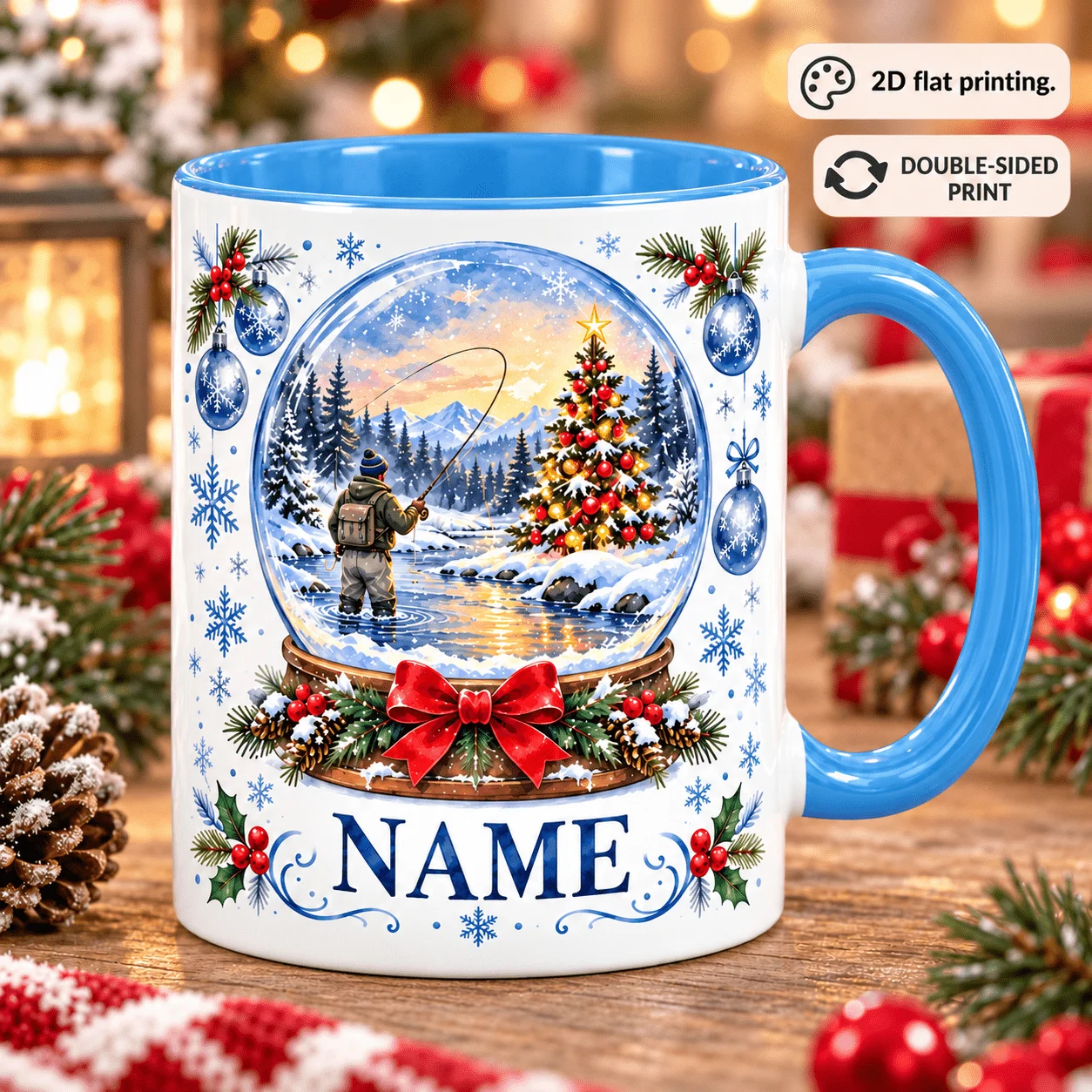 2D 1pc 11oz Personalized Custom Fishing Christmas Mug,Christmas Outdoor Gift,Hand Wash Only Microwave Safe,Angler Coffee Cup