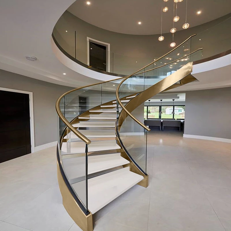 عوارض من الفولاذ المقاوم للصدأ درابزين زجاجي مفتوح الناهض سلالم مستديرة منحنية سلم عائم