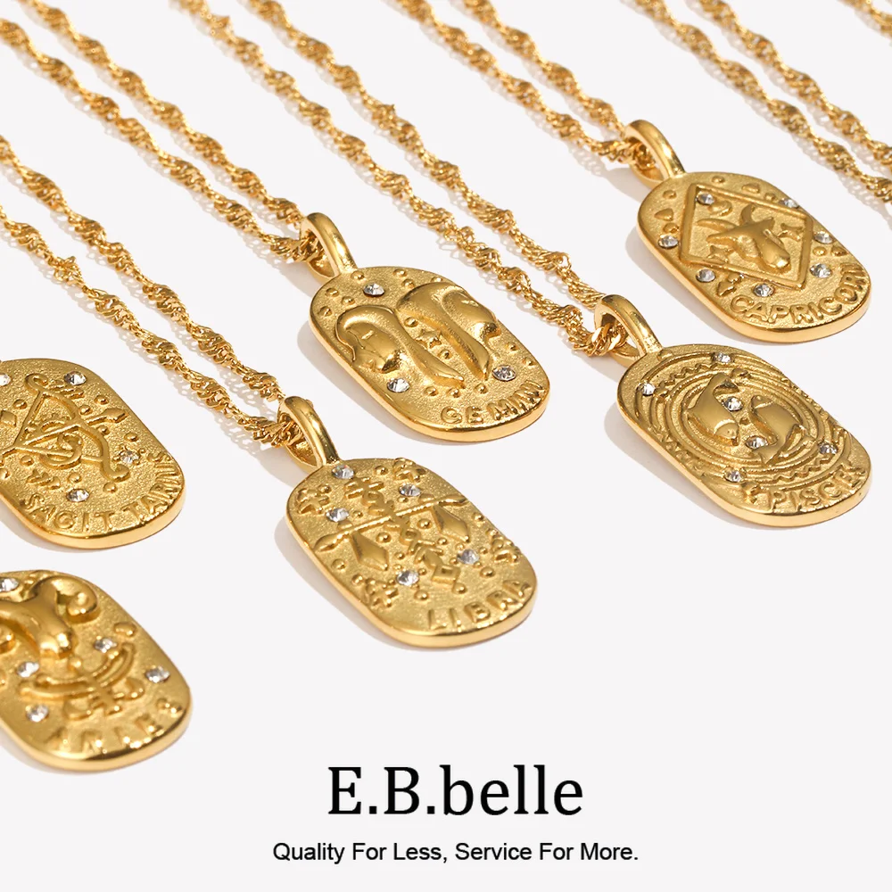 E.B.belle Trendy Personality Square Stainless Steel Pendant Embossment 12 Constellation Sign PVD Gold-plating Necklace For Women