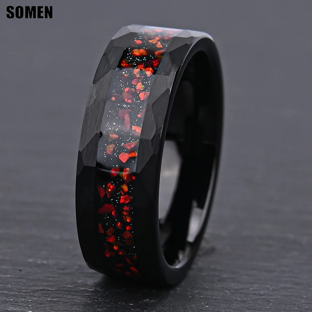 Somen 8mm Black Hammered Tungsten Carbide Ring For Men Red Opal Inlay Wedding Band Anniversary Promise Jewelry Gift Comfort Fit