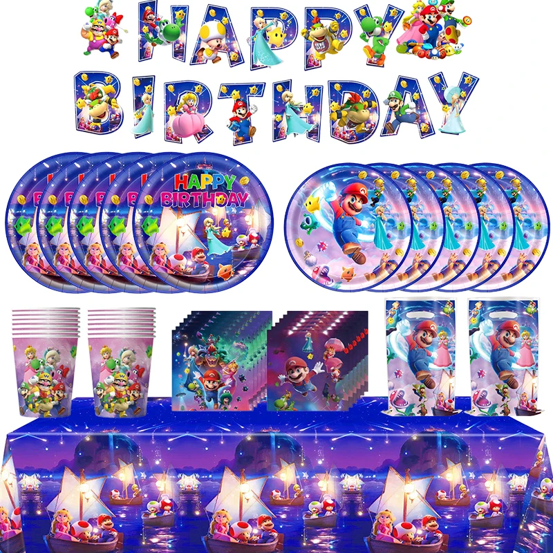 Décorations de fête d'anniversaire sur le thème des figurines d'anime Galaxy, vaisselle jetable Superbros, nappe, serviettes, fournitures de fête