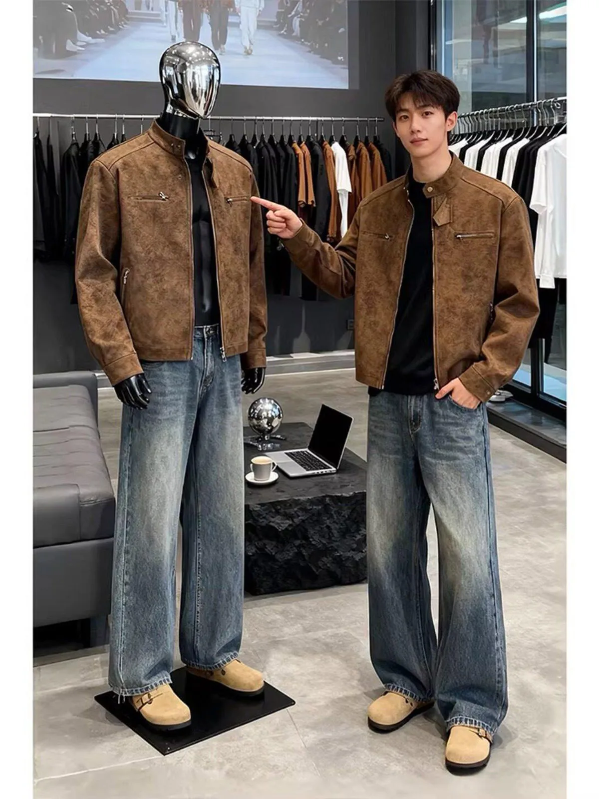 

Американская куртка-бомбер из искусственной кожи с эффектом окрашивания, укороченная, для мужчин, весенняя, модная, мотоциклетная, ветровка, верхняя одежда