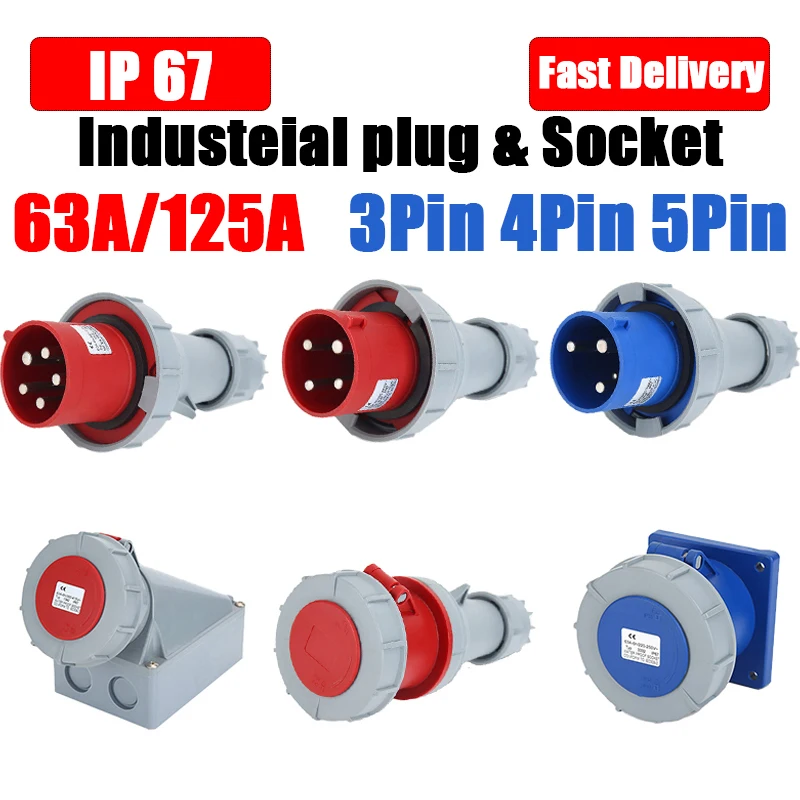 

Industrial Plug and Socket 63A 125A 3P/4P/5Pin Electrical Connector IP67 Wall Mounted Socket MALE FEMALE Plug