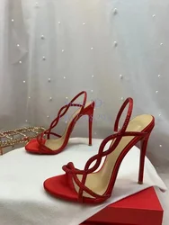Wedding Rhinestone Red Thin High Heels Sandals Open Toe Stiletto T-tied Buckle Back Strap Party Women Shoes 2024 Summer
